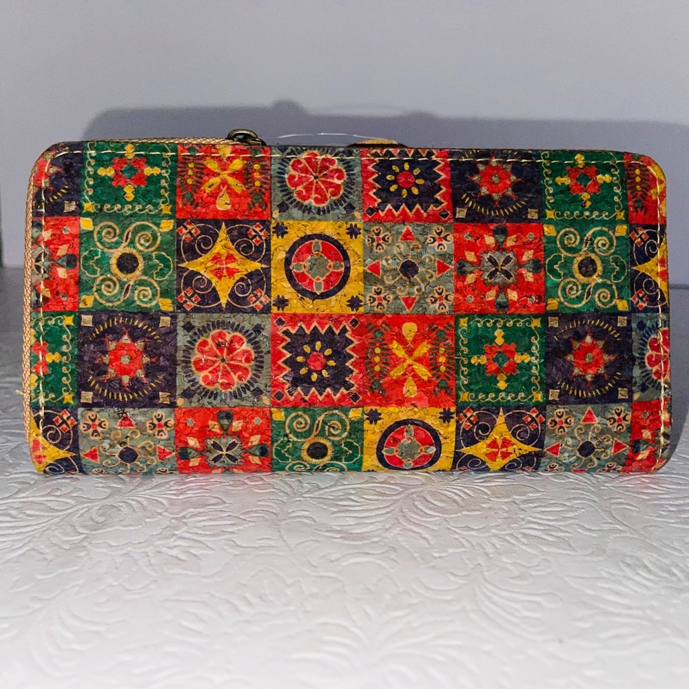 Natural Cork Zip Around Wallet Mosaic Tile Aztec Print Eco Vegan Organizer